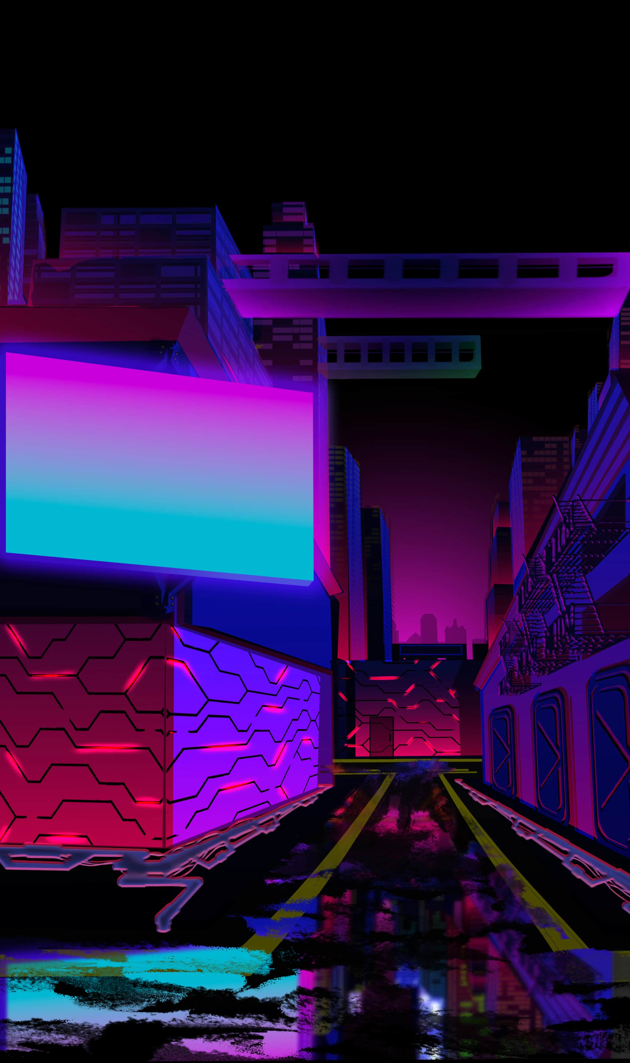 A neon city at night: a skyline under a full moon, a glowing billboard strung between the towers, and a rain-slicked street lined with red neon below.