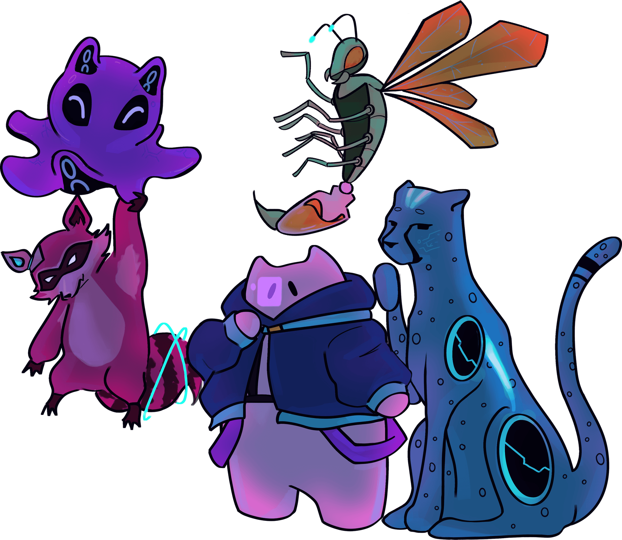 The HackUTD mascots: an octopus cat, a masked raccoon, a winged messenger, a hooded pig and a spotted panther.